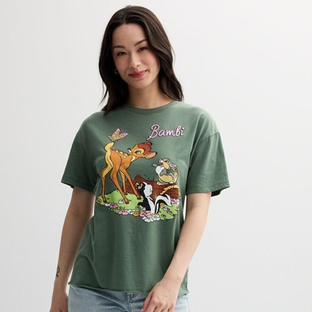 Disney Bambi Friends Graphic‎ Tee Green Womens Size XS Short Sleeve Cotton Blend